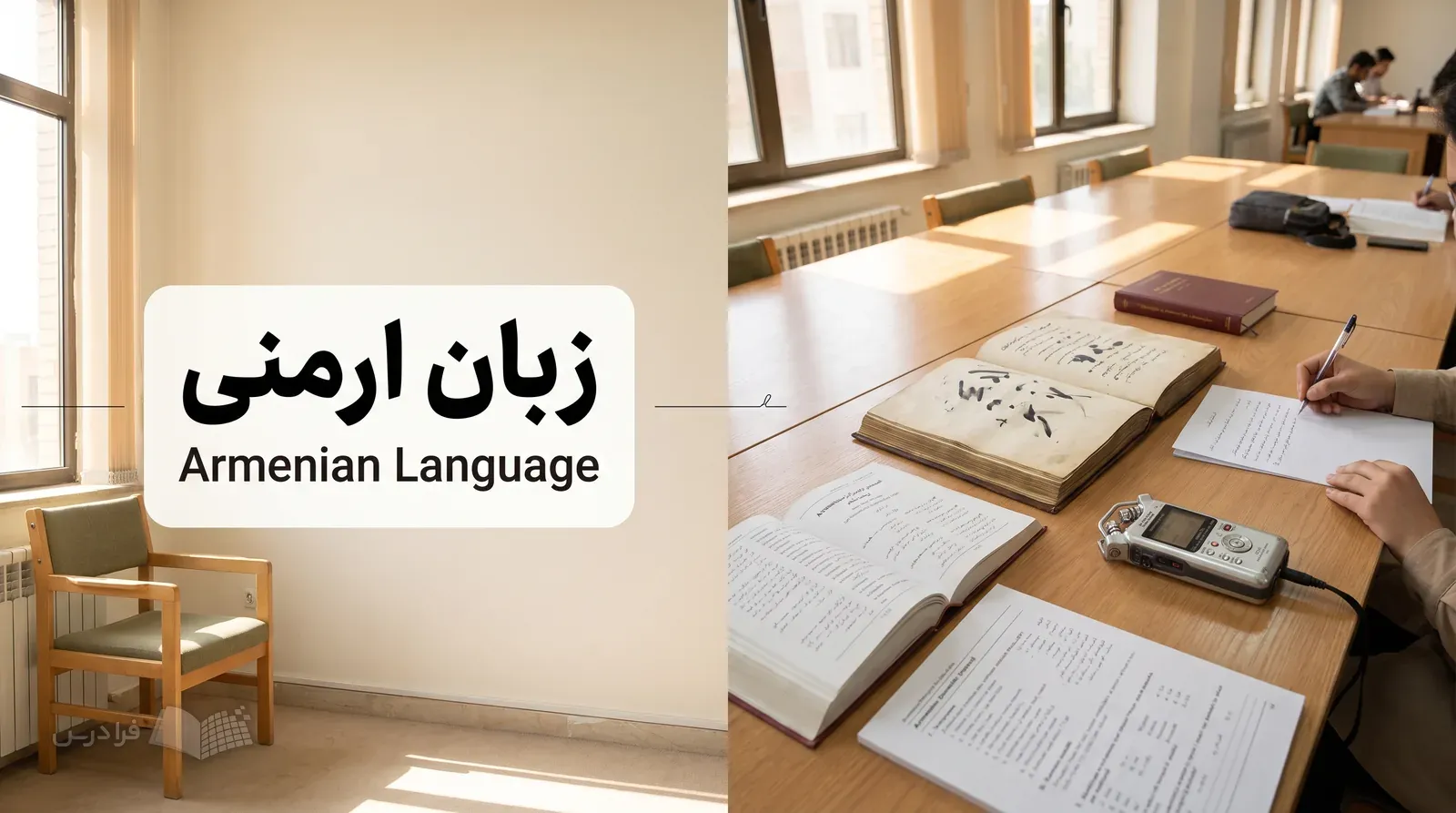میز کار زبان ارمنی با دستنوشته، فرهنگ دوزبانه و ابزار ضبط صدا در فضای آموزشی ایران
