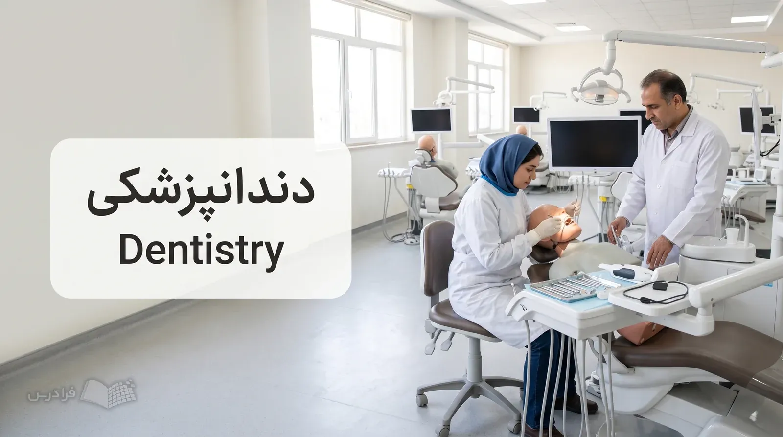 آزمایشگاه شبیه‌سازی دندانپزشکی با دانشجو و استاد کنار فانتوم کامل روی یونیت دندانپزشکی