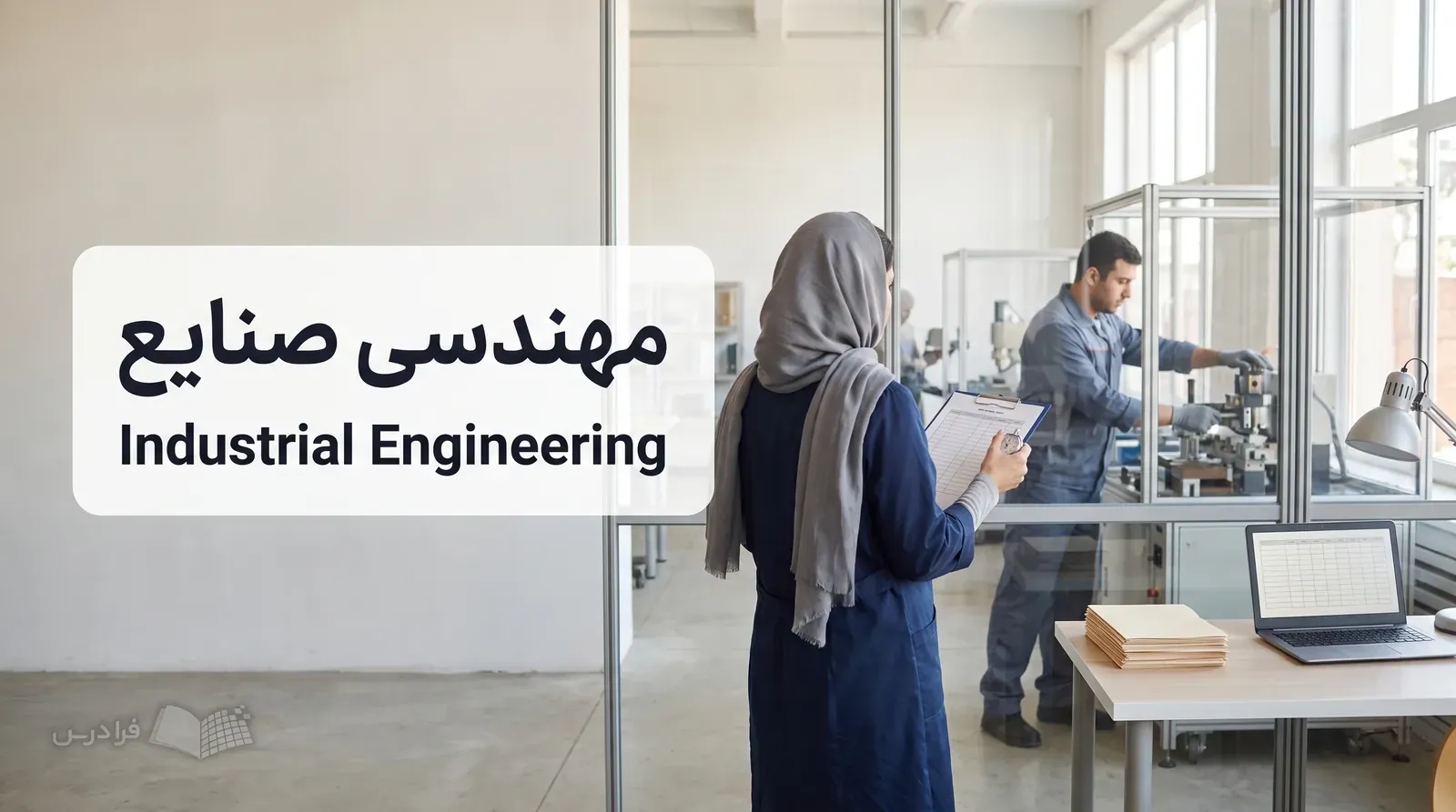 دفتر برنامه‌ریزی تولید کنار خط مونتاژ با مهندسی که زمان کار ایستگاه را ثبت می‌کند.