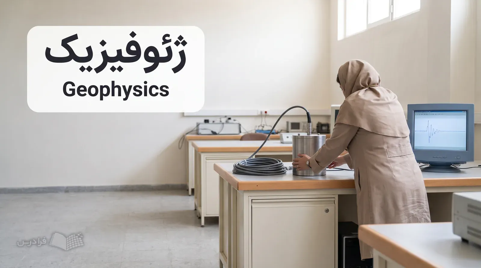 آزمایشگاه لرزه‌شناسی با لرزه‌نگار پهن‌باند و پژوهشگری در حال آماده‌سازی دستگاه.