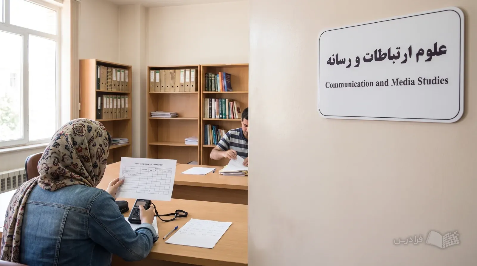 اتاق کار دانشگاهی ارتباطات با ضبط‌صوت و برگه کدگذاری تحلیل محتوا روی میز پژوهش.