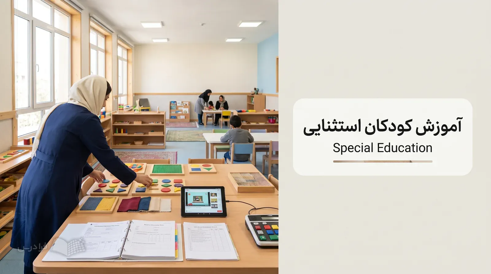 کلاس روشن مدرسه با میز کار، وسایل لمسی و دستگاه کمکی آموزشی در گوشهای از فضای آماده فعالیت دیده میشود