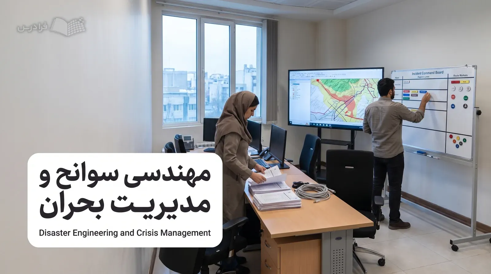 اتاق مدیریت بحران شهری با نقشه خطر GIS و تابلوی فرمان حادثه در حال آمادهسازی.