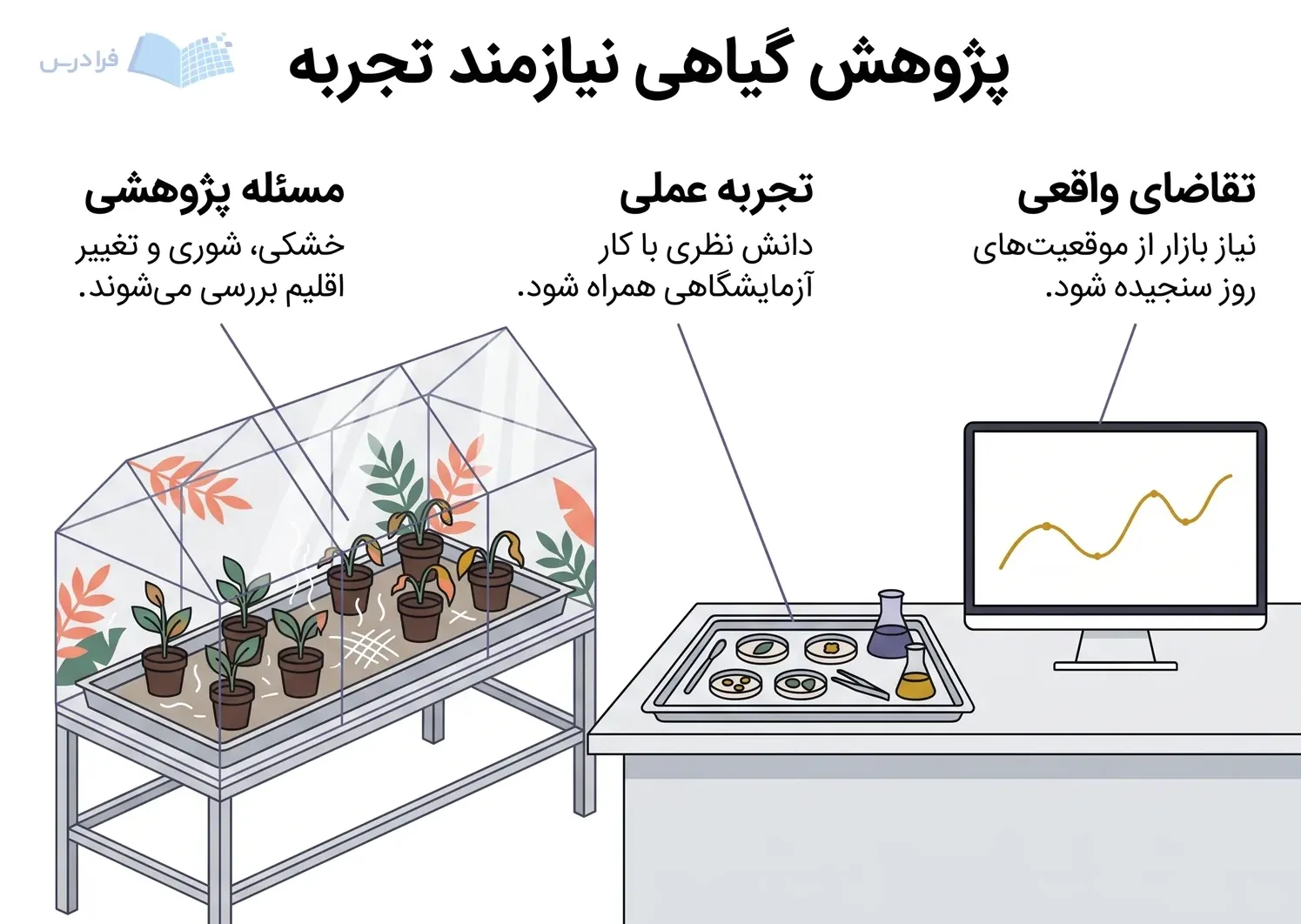 میز پژوهش گیاهی با نهالهای تحت تنش، سینی نمونه و نمایشگر بدون نوشته.