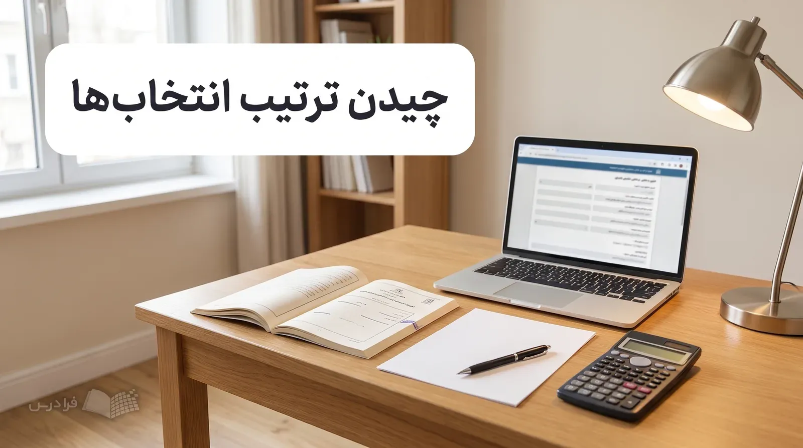 میز خانه با دفترچه انتخاب رشته، فهرست خالی، لپتاپ، ماشینحساب و خودکار