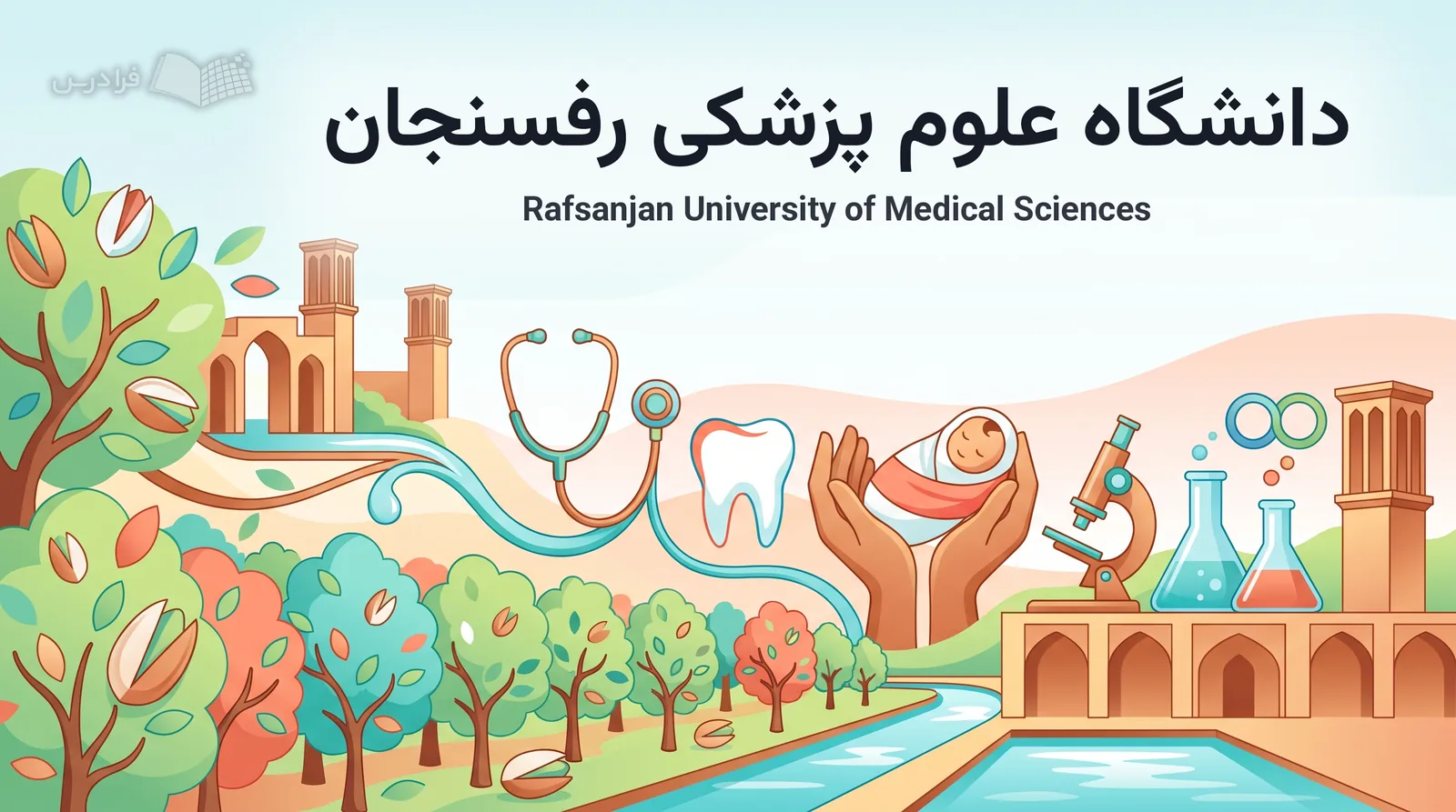 چشمانداز نمادین رفسنجان، باغهای پسته، بادگیرهای خشتی، آبراههها و نشانههای حوزههای دانشگاه علوم پزشکی رفسنجان را پیوند میدهد.