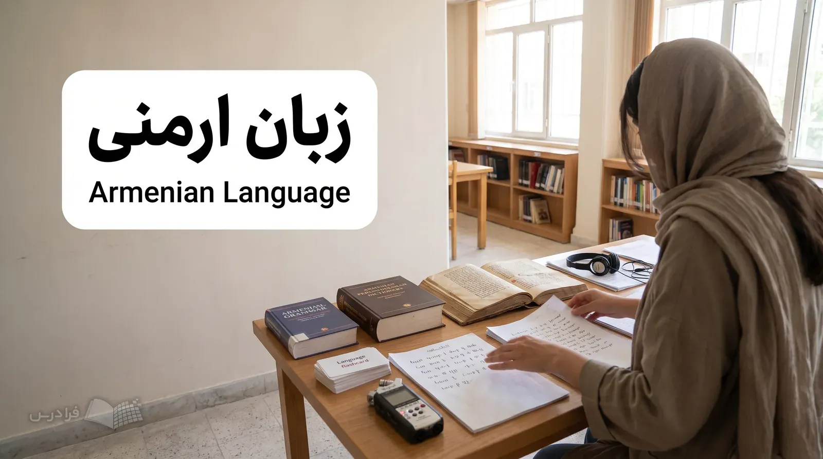 اتاق مطالعه ارمنی با نسخه خطی، فرهنگ دوزبانه و ابزار ضبط صدا در حال استفاده.