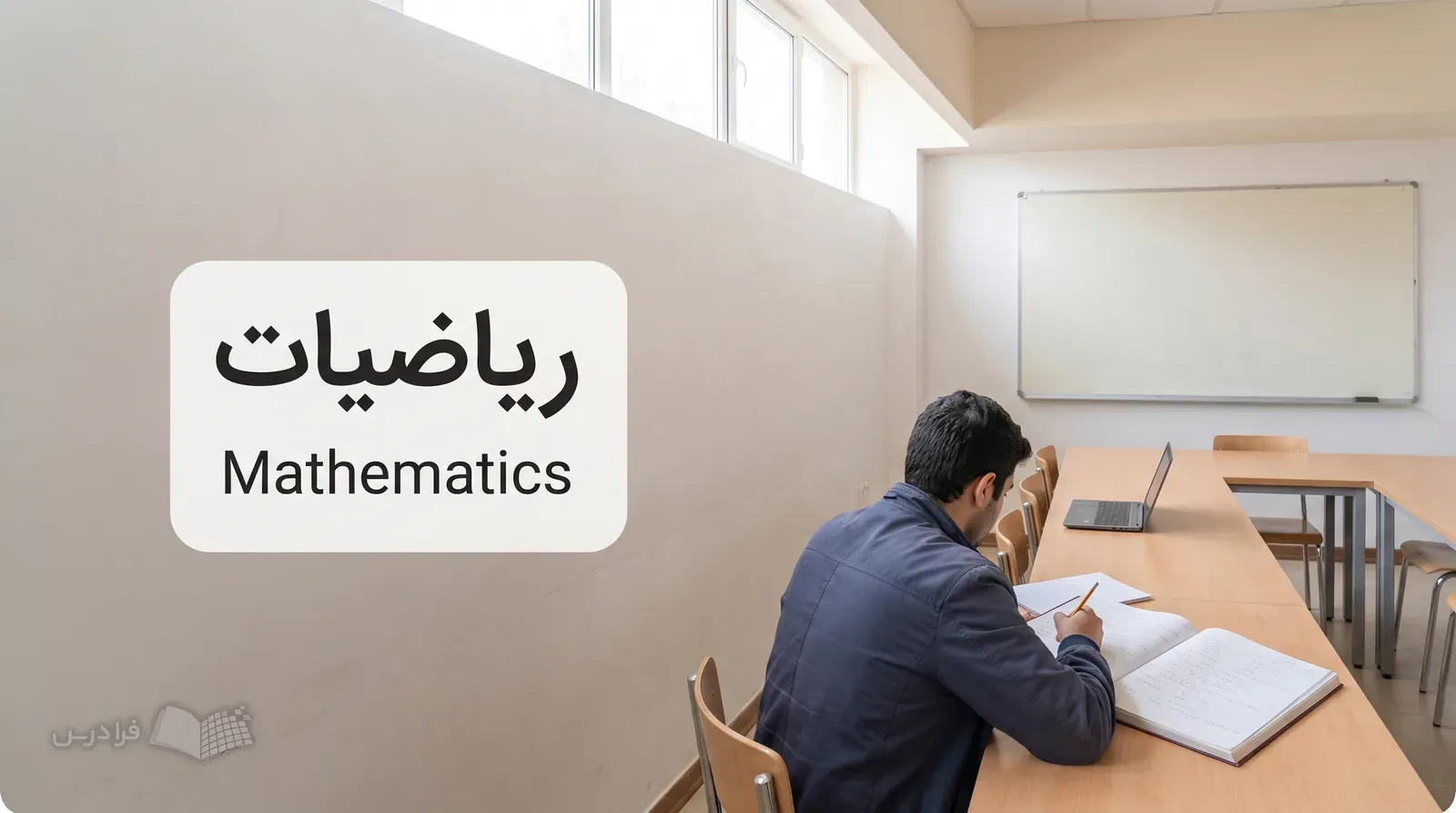 اتاق روشن گروه ریاضی دانشگاه با دانشجویی که برهان چندمرحله‌ای را در دفتر بررسی می‌کند.
