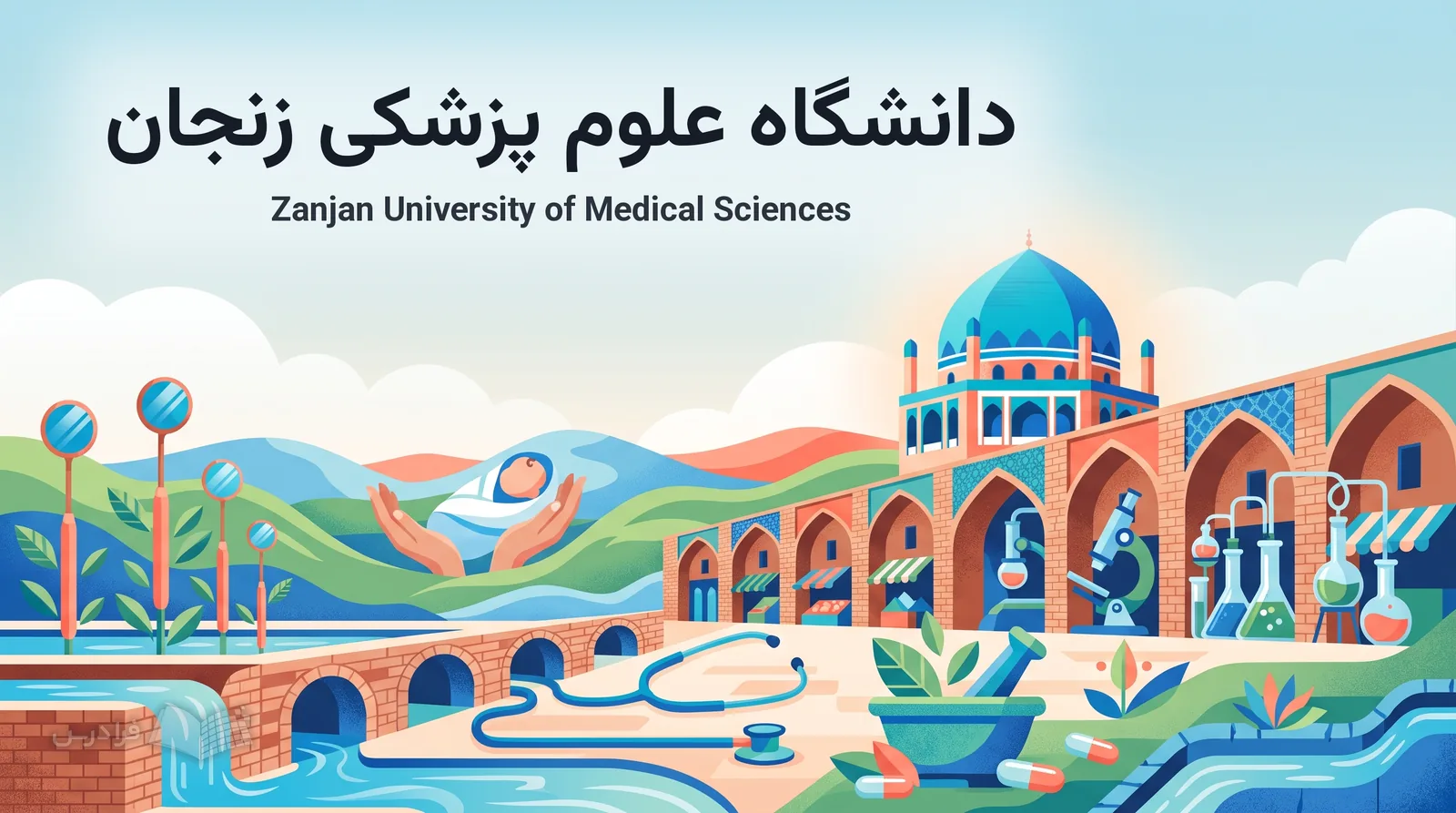 چشماندازی نمادین از زنجان با طاقهای تاریخی، گنبد فیروزهای و نشانههای پزشکی و مراقبت دیده میشود.