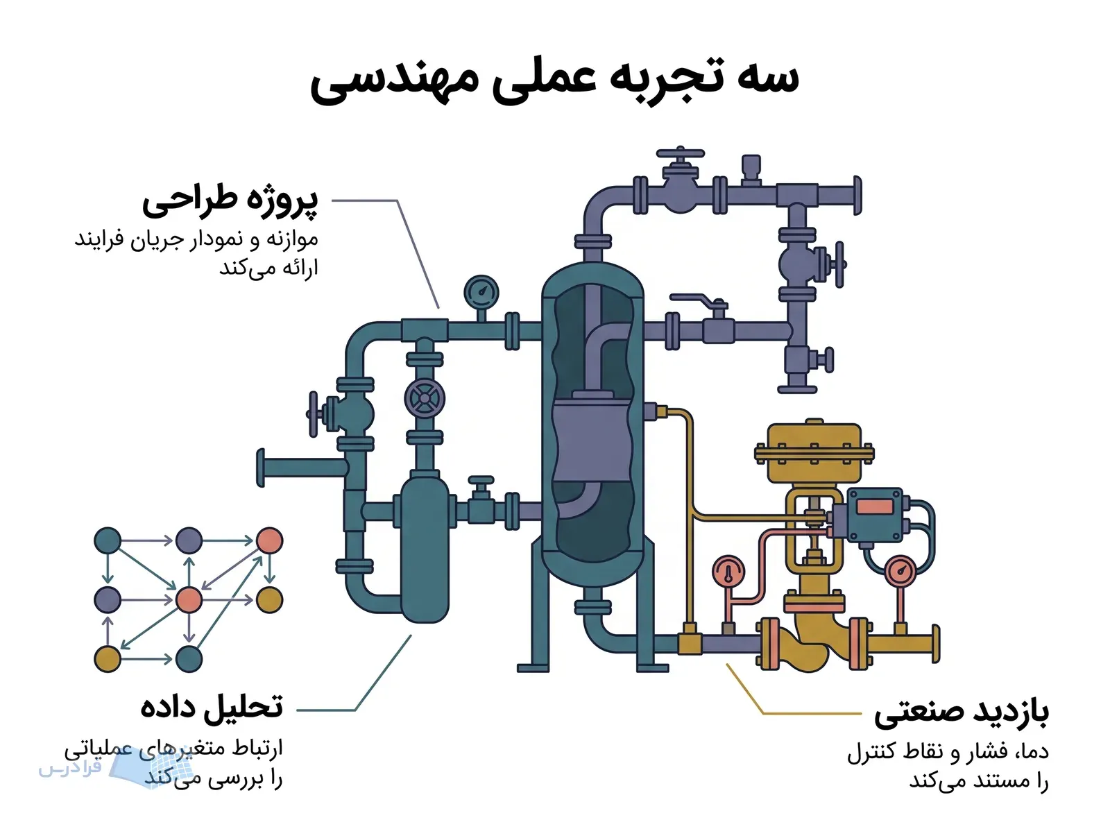 واحد جداسازی آموزشی با لولهکشی فرایندی، شیر کنترل و نقشه ارتباط متغیرهای عملیاتی.