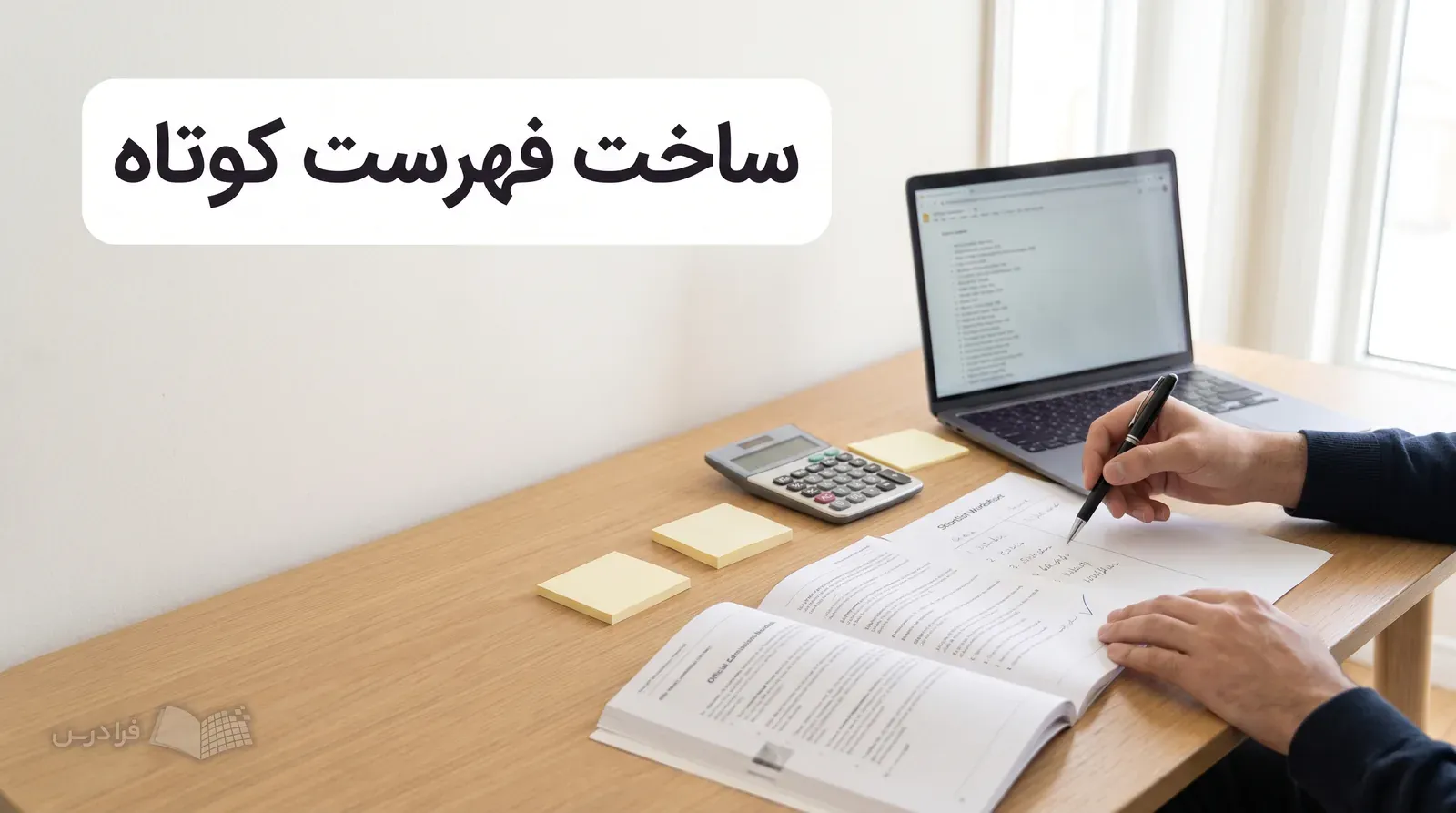 میز خانه با دفترچه رسمی انتخاب رشته، برگه فهرست کوتاه، لپتاپ، ماشینحساب و یادداشتهای چسبان.