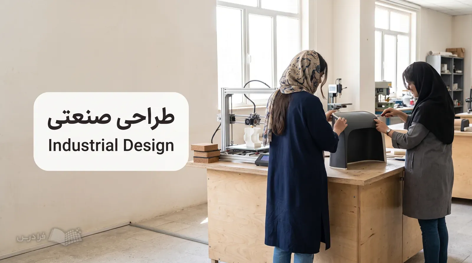 استودیوی طراحی صنعتی با دانشجویانی که نمونه فیزیکی محصول را کنار ماکت و چاپگر سه‌بعدی اصلاح می‌‌کنند.