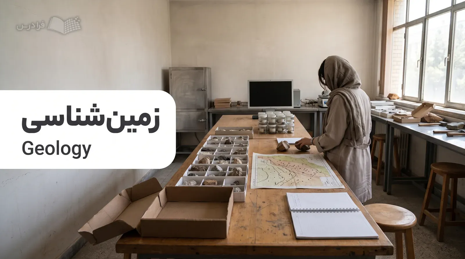 آزمایشگاه زمینشناسی با نمونههای سنگ و نقشه صحرایی در حال بررسی توسط دانشجو.