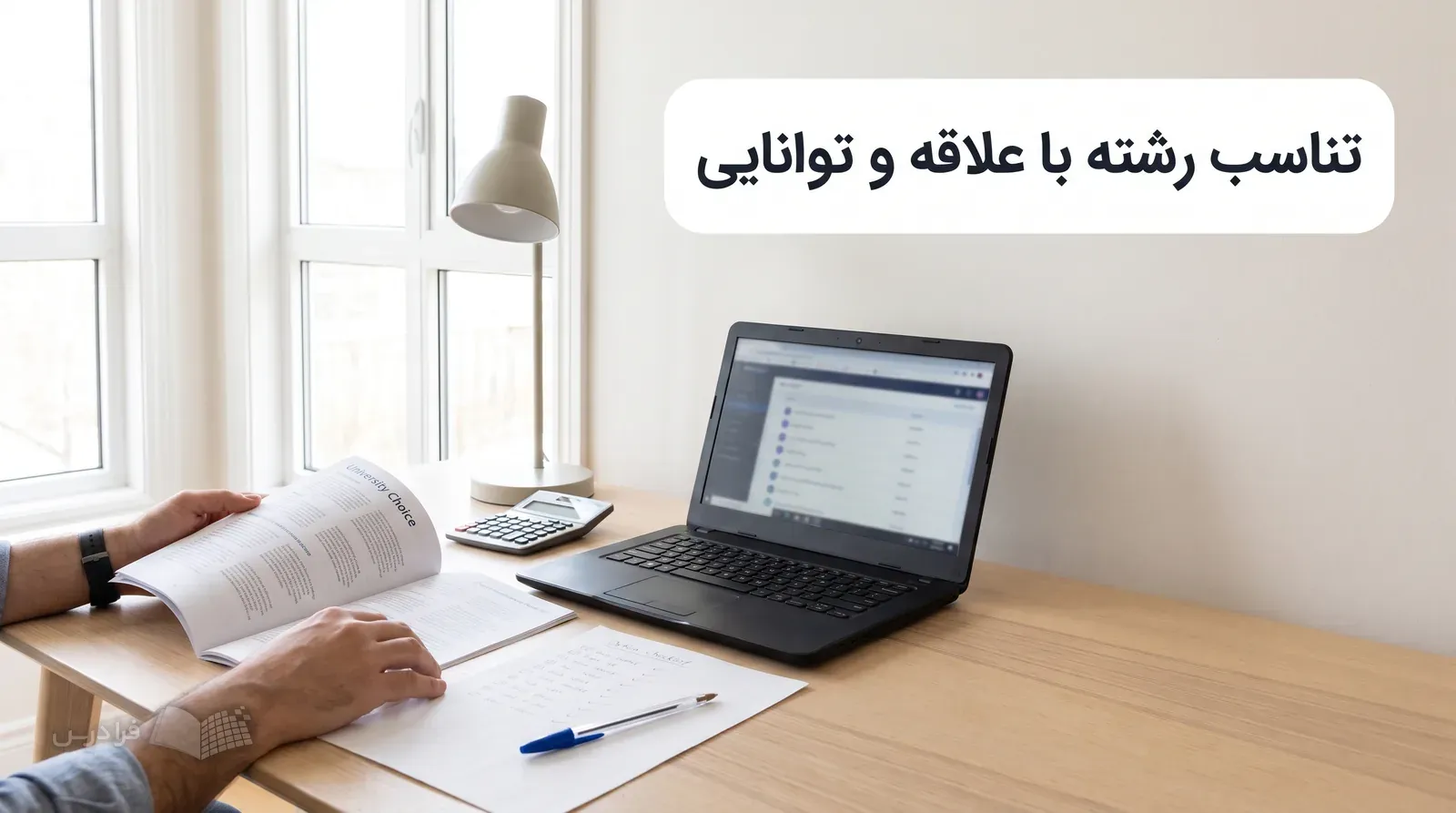 میز خانه با دفترچه انتخاب رشته، فهرست علامتگذاریشده، لپتاپ و ماشینحساب.