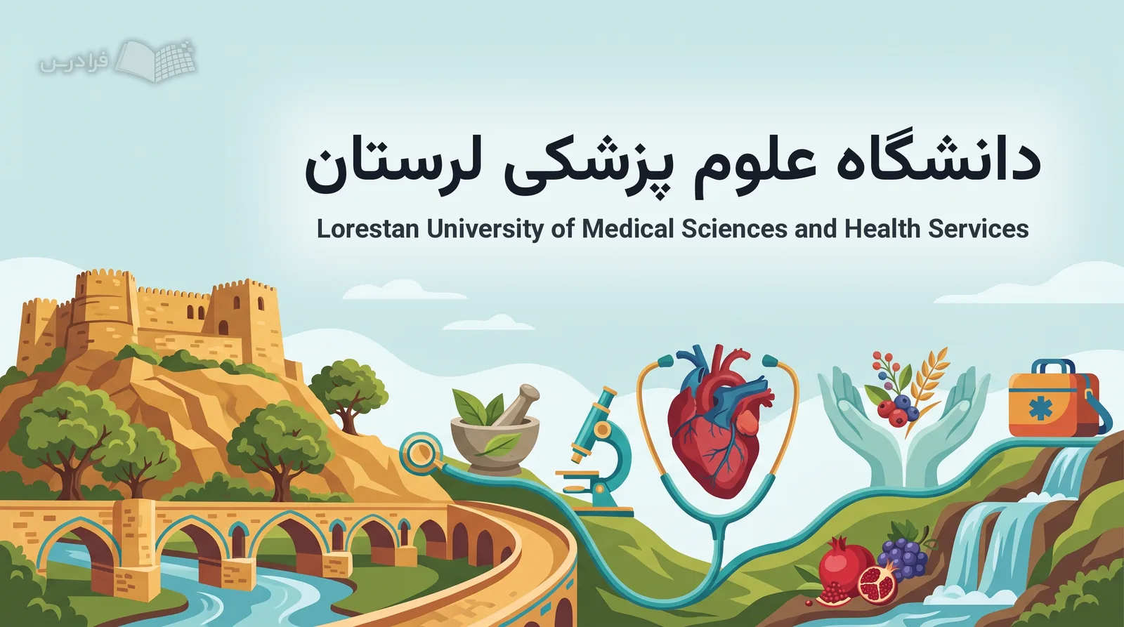 چشمانداز نمادین خرمآباد، قلعه فلکالافلاک، پل تاریخی، طبیعت زاگرس و نمادهای رشتههای دانشگاه علوم پزشکی لرستان را درهم میآمیزد.