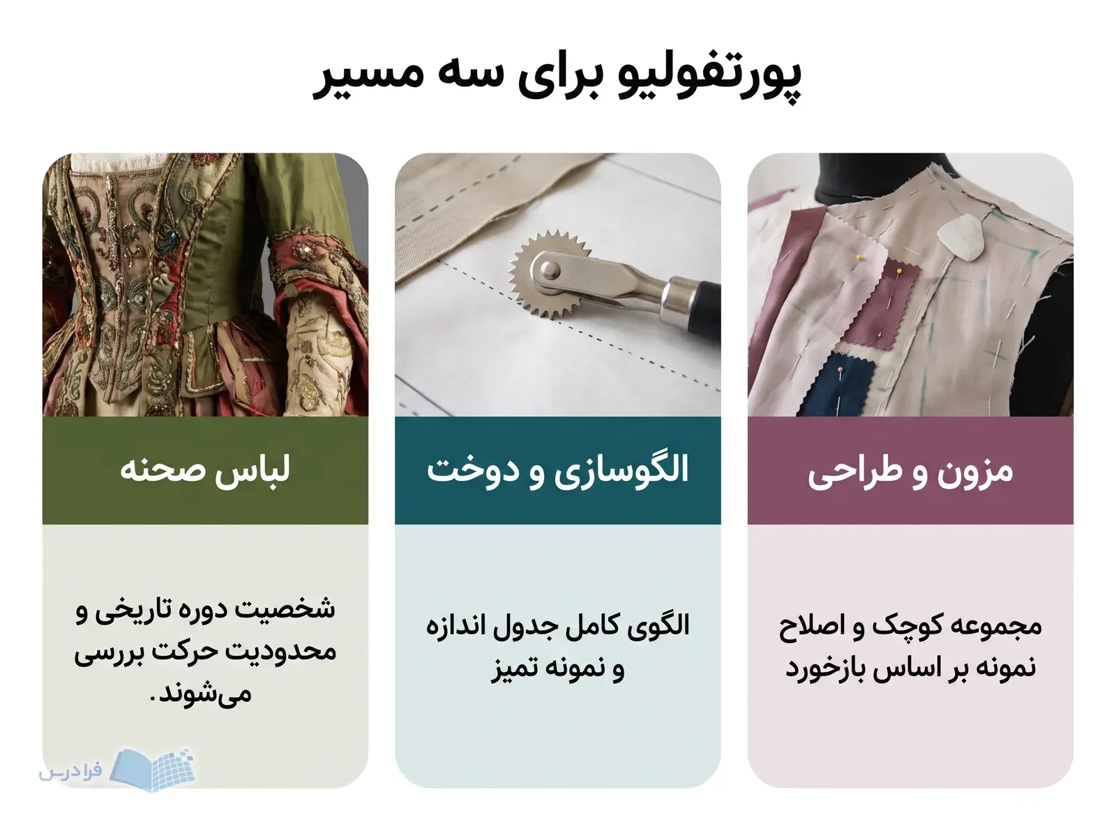 سه پنل مزون و طراحی، الگوسازی و دوخت و لباس صحنه با خروجی‌های متفاوت پورتفولیو.