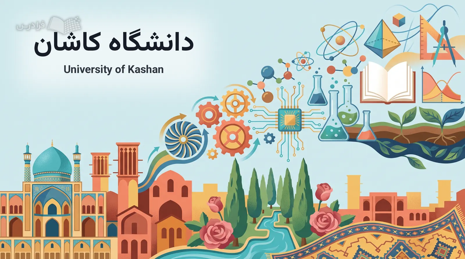 چشم‌انداز نمادین کاشان، معماری تاریخی، باغ، گل، فرش و نشانه‌های علمی دانشگاه کاشان را پیوند می‌دهد.