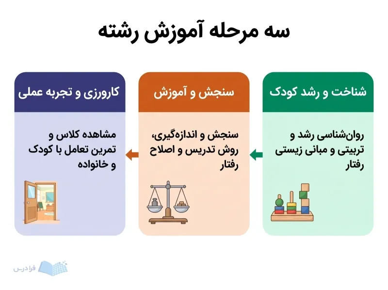 سه مرحله شناخت کودک، سنجش و آموزش و کارورزی در مسیر دانشگاهی نشان داده شده است