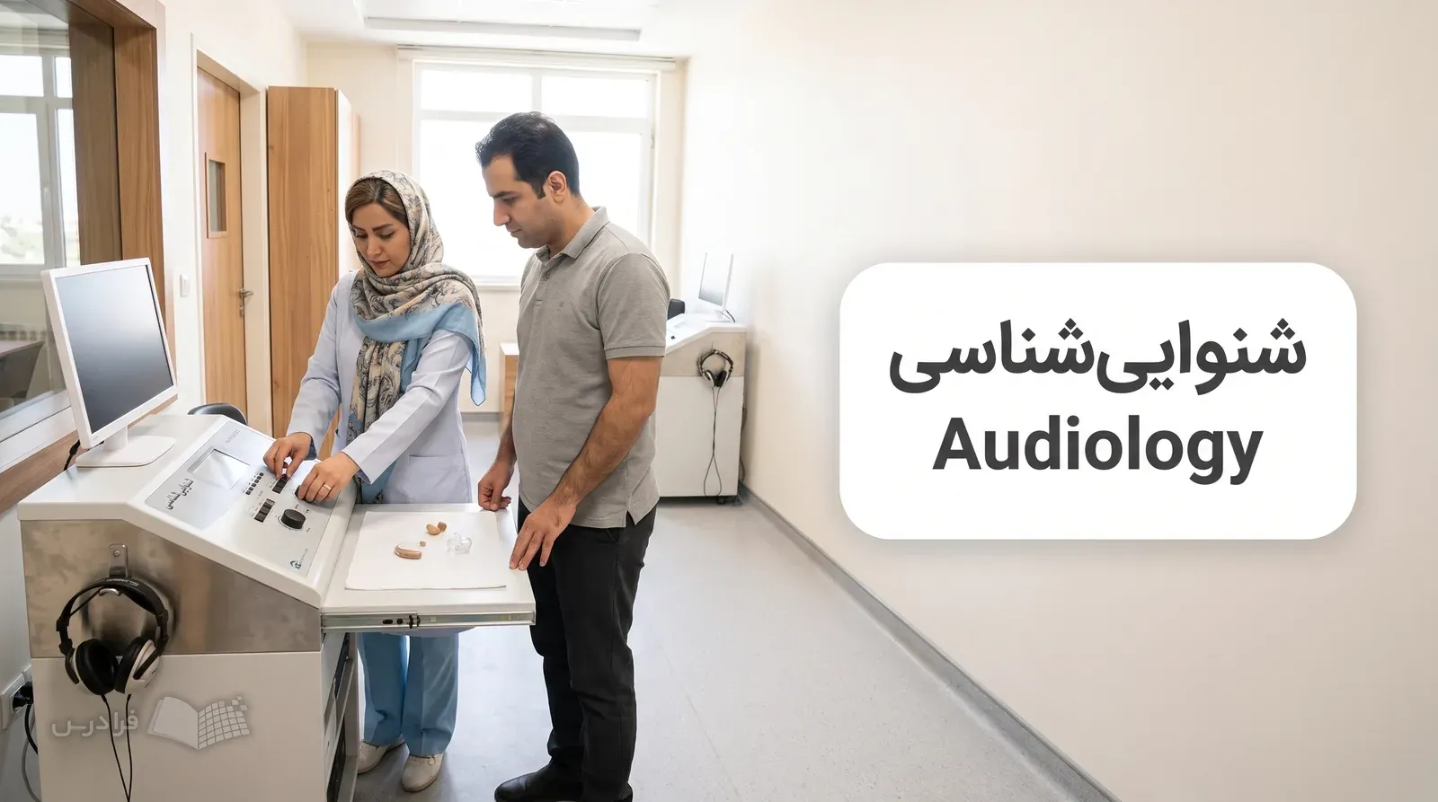 بخش شنواییشناسی بیمارستان با ادیومتر، هدفون آزمون و قالب سمعک در حال بررسی.