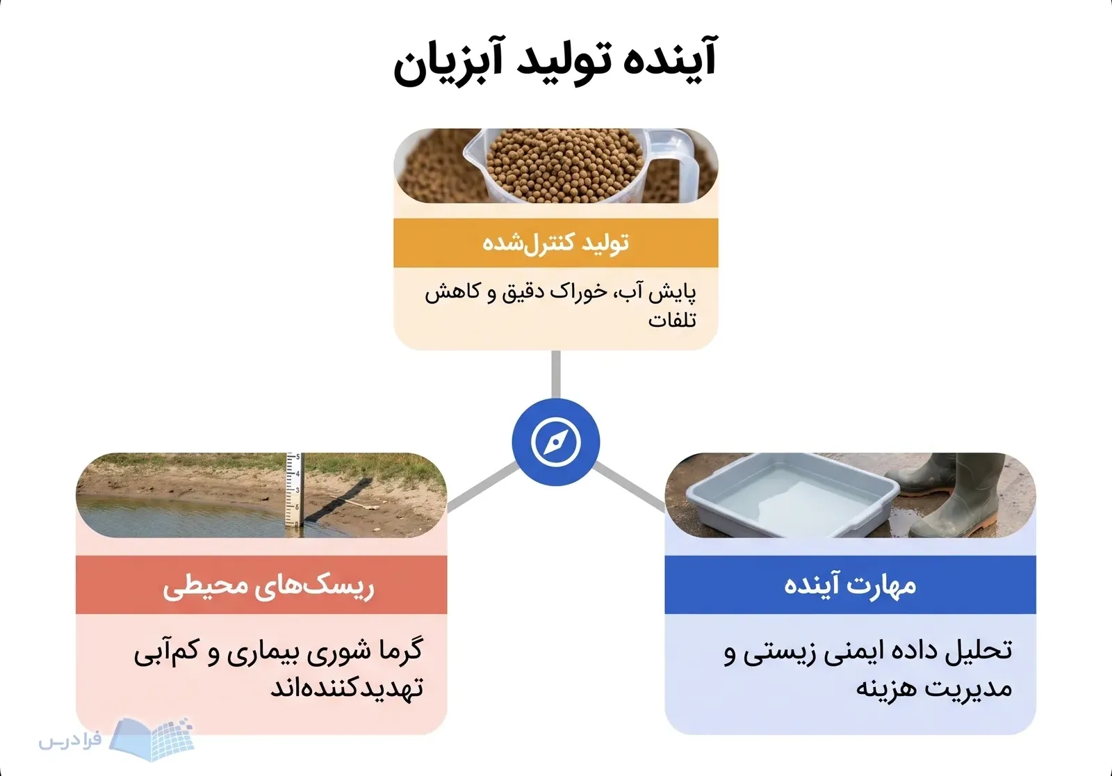 سه پنل خوراک آبزی، نشانگر سطح آب استخر و سینی ضدعفونی، آینده شیلات را توضیح میدهند.