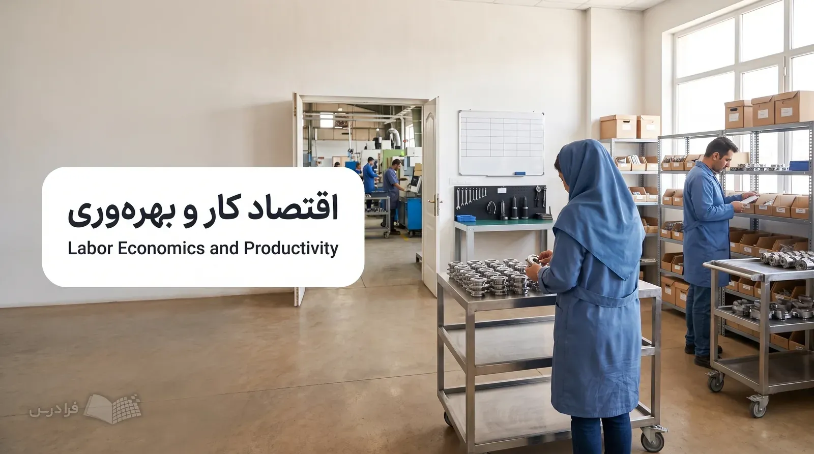 دفتر عملیات یک مجموعه صنعتی با کارکنانی که قطعات را میان قفسه‌ها و خط تولید می‌شمارند.