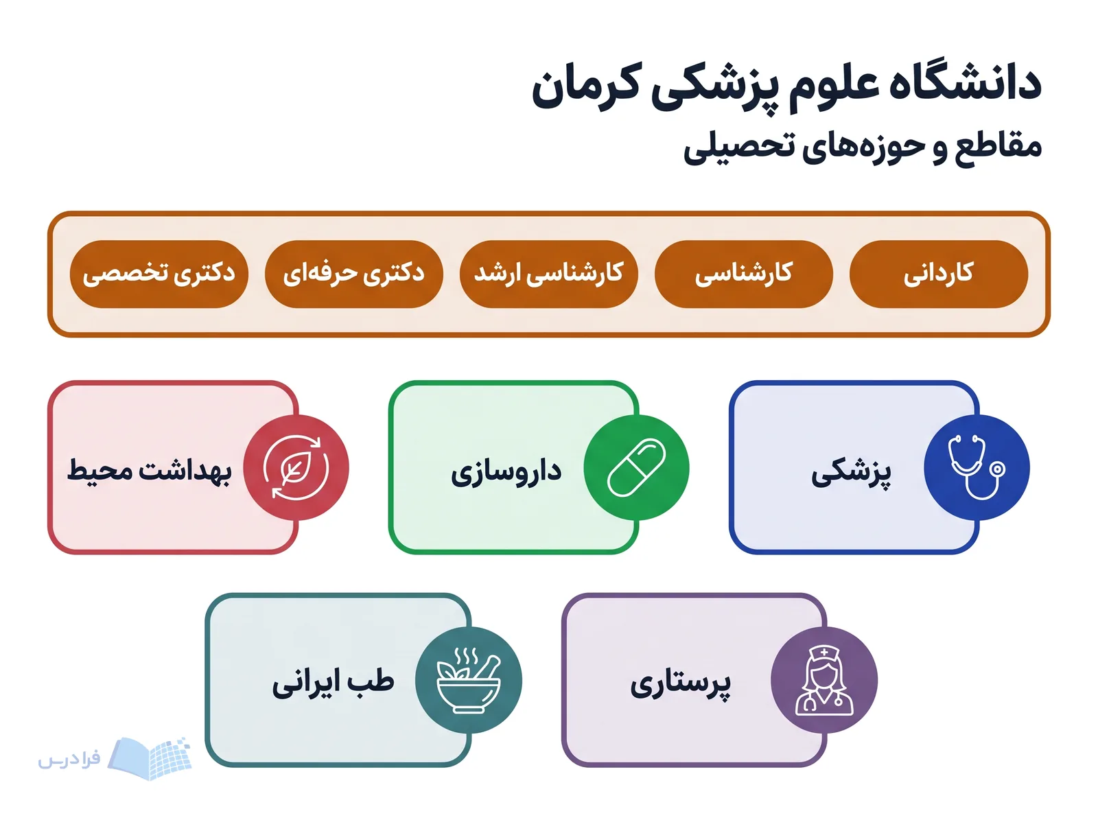 نمودار دانشگاه علوم پزشکی کرمان مقاطع تحصیلی و حوزههای پزشکی، داروسازی و پرستاری را نمایش میدهد.