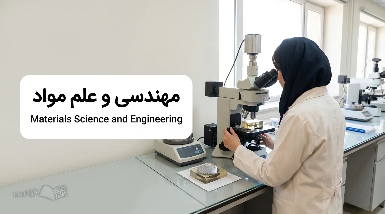 آزمایشگاه مواد با مهندس در حال بررسی نمونه فولادی اچ‌شده زیر میکروسکوپ متالوگرافی.