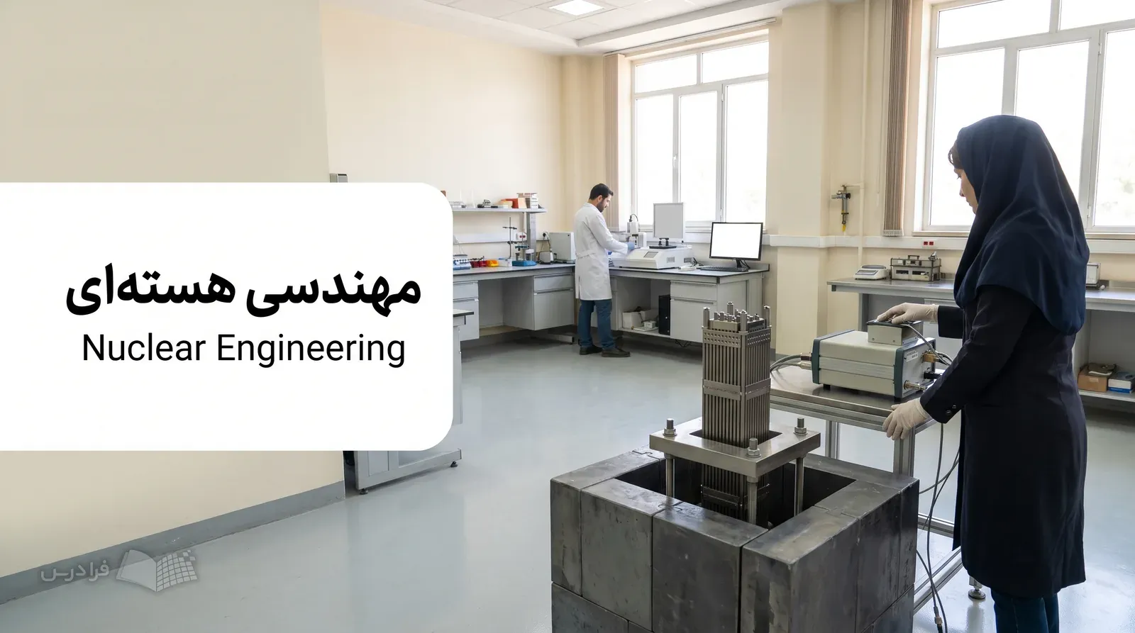 آزمایشگاه پژوهشی هستهای با مجموعه سوخت، آشکارساز پرتو و حفاظگذاری در حال آمادهسازی اندازهگیری.