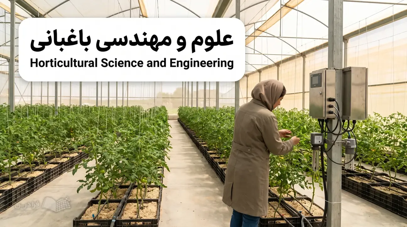 گلخانه تجاری ایران با ردیف سبزی، سامانه کودآبیاری و کارشناس در حال بررسی گیاه.