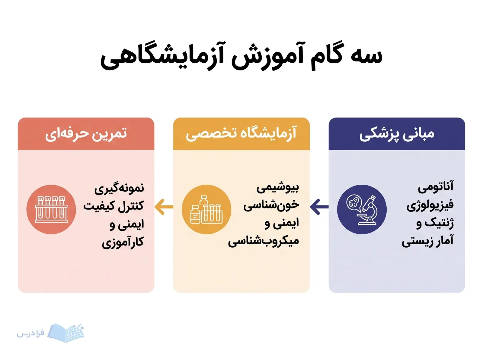 سه مرحله مبانی پزشکی، آزمایشگاه تخصصی و تمرین حرفهای در مسیر آموزش علوم آزمایشگاهی.