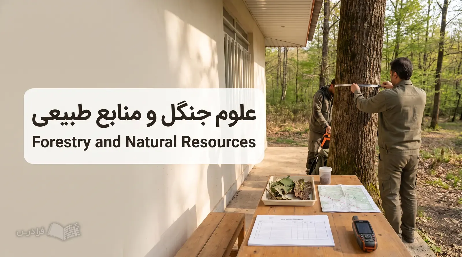 ایستگاه میدانی جنگل با متخصصی که قطر تنه درخت را اندازه می‌گیرد.
