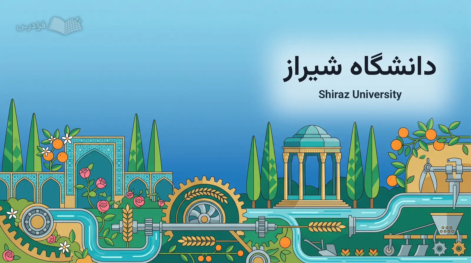 چشم‌انداز باغ شیراز با سروها، آرامگاه حافظ و نمادهای کشاورزی و مهندسی دانشگاه شیراز درمی‌آمیزد.