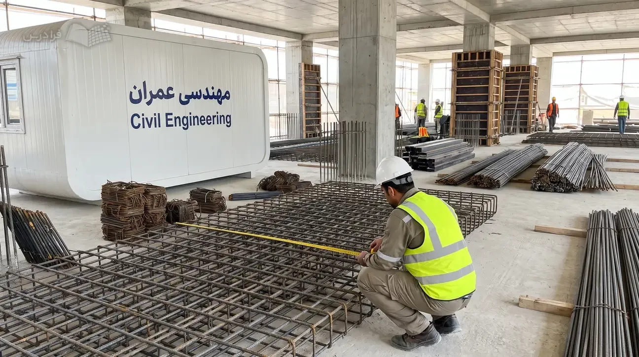 مهندس عمران در کارگاه ساختمانی آرماتورهای نصب‌شده را با متر بررسی می‌کند.