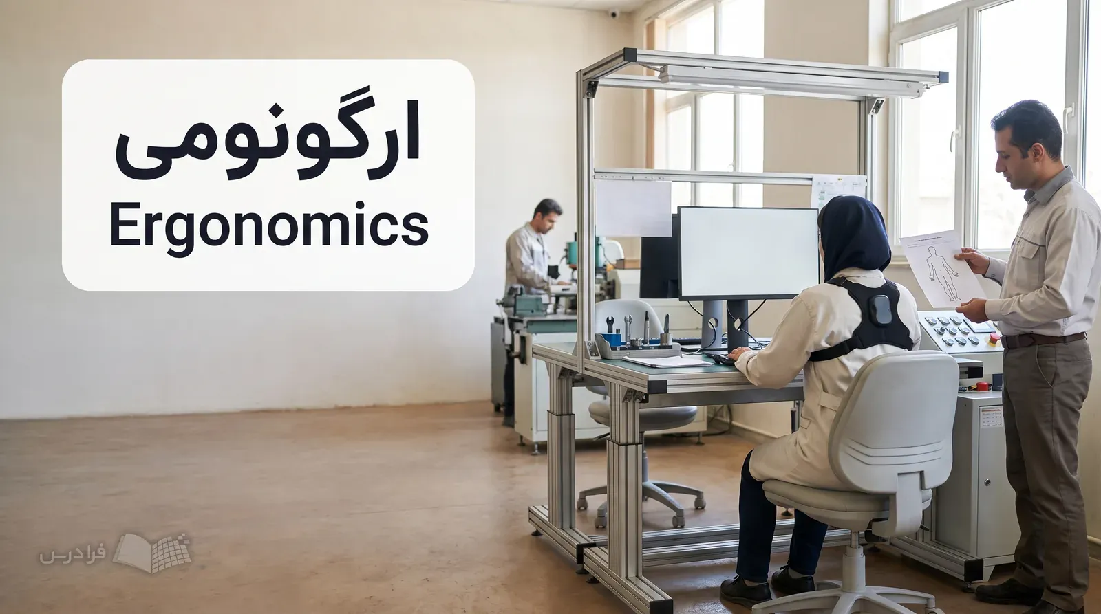 کارشناس ارگونومی در کارخانه وضعیت نشستن کارگر و ایستگاه کار را ارزیابی میکند.