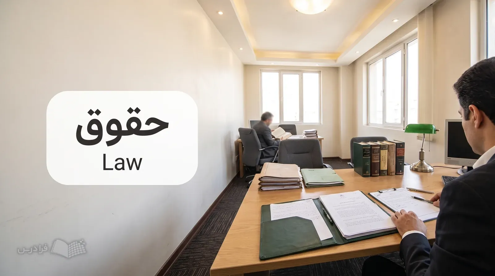 کارشناس حقوقی در دفتر کار پرونده دادگاه و متن قوانین را بررسی میکند.