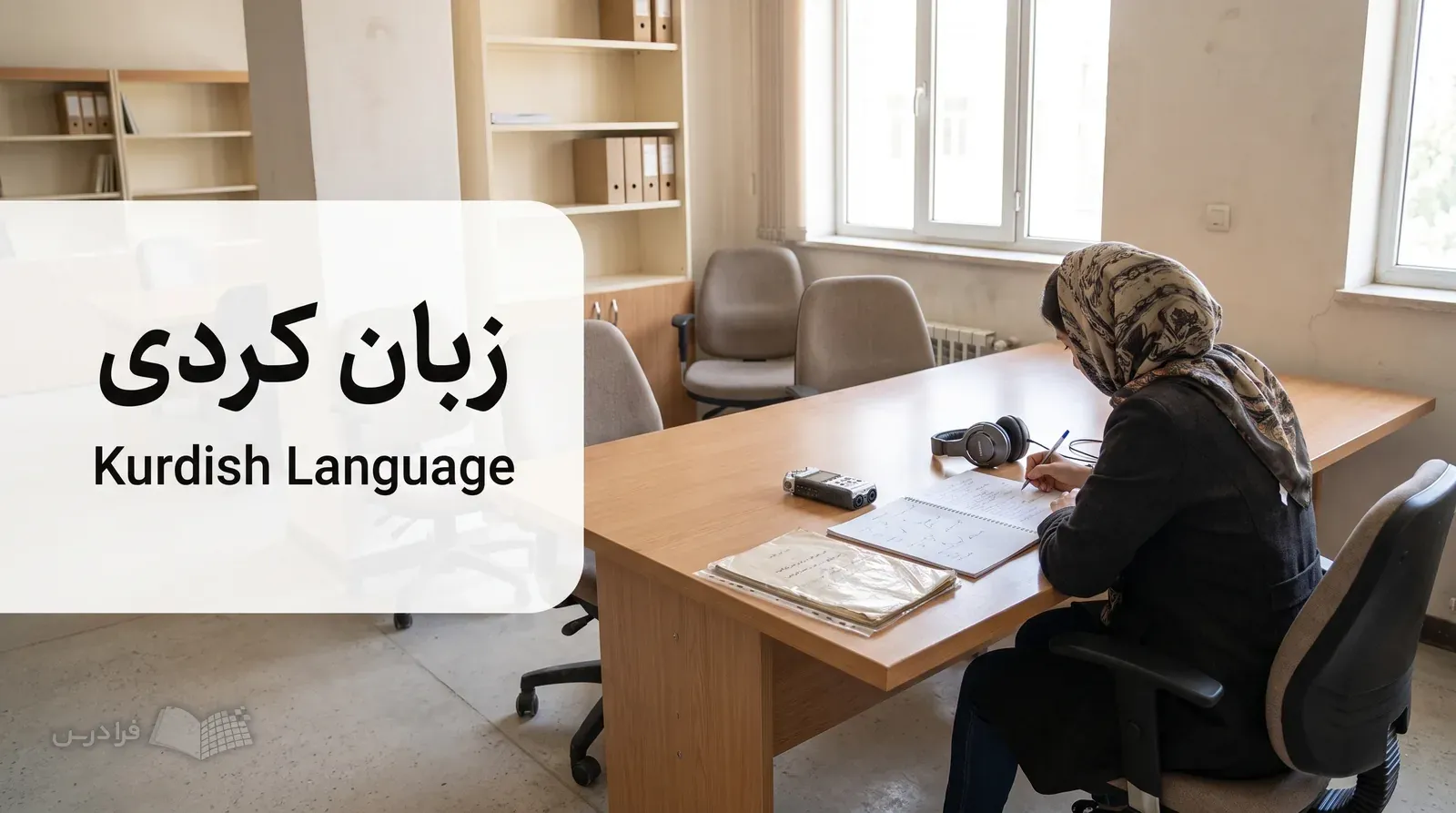 اتاق پژوهش زبان با ضبط‌کننده صوتی و متن مصاحبه کردی در حال پیاده‌سازی.