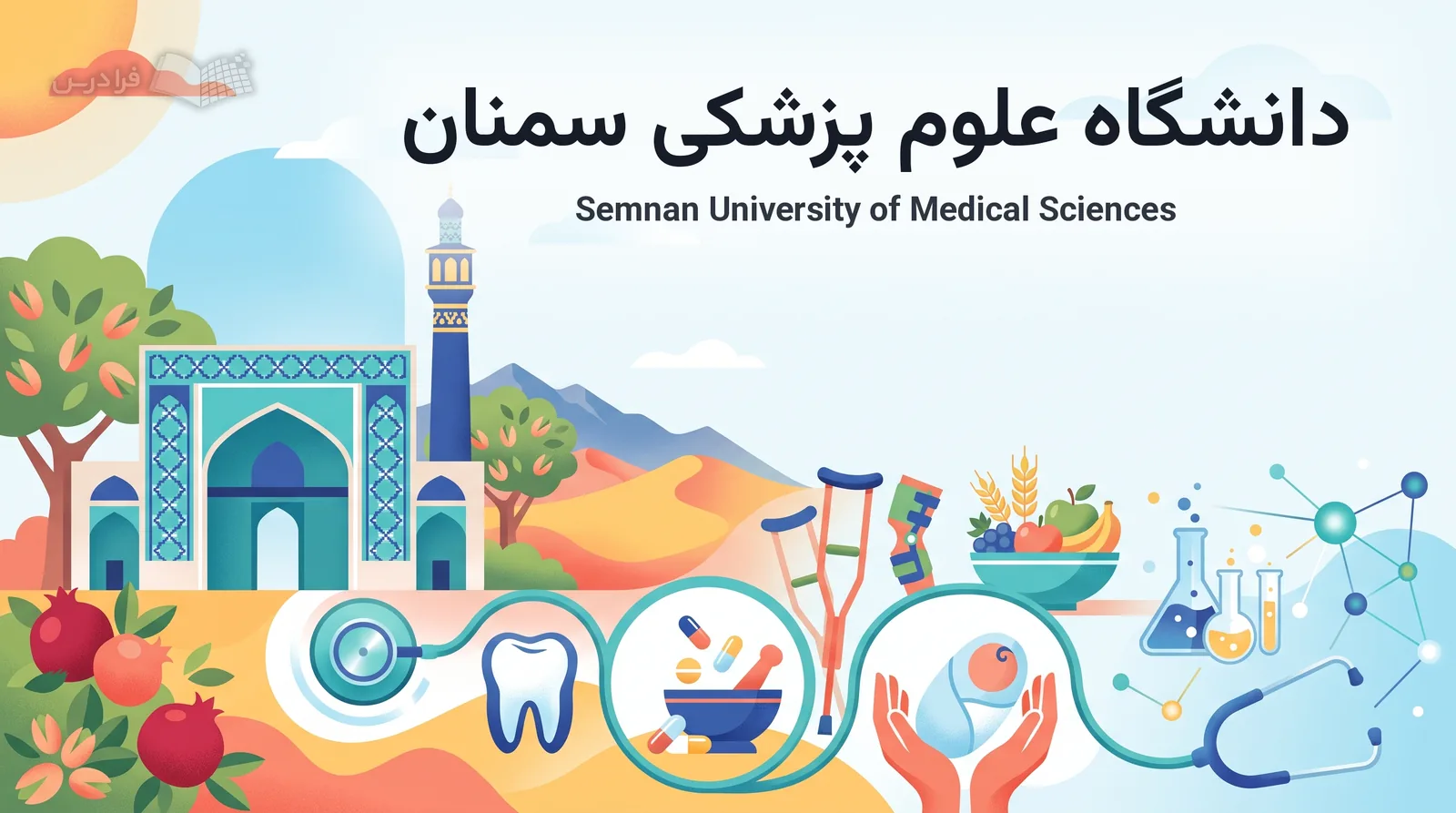 چشمانداز تاریخی شهر سمنان با دروازه ارگ، مناره، باغها و نمادهای سلامت دانشگاه علوم پزشکی سمنان درمیآمیزد.