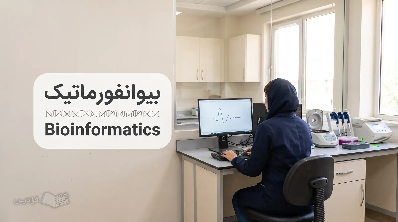 آزمایشگاه ژنومیک دانشگاهی با میز تحلیل رایانه‌ای و تجهیزات آماده‌سازی نمونه ژنتیک