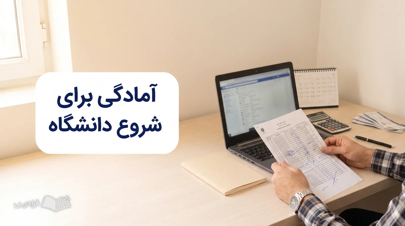 میز مطالعه با برنامه درسی دانشگاه، لپ‌تاپ، تقویم و ابزارهای برنامه‌ریزی پیش از شروع ترم.