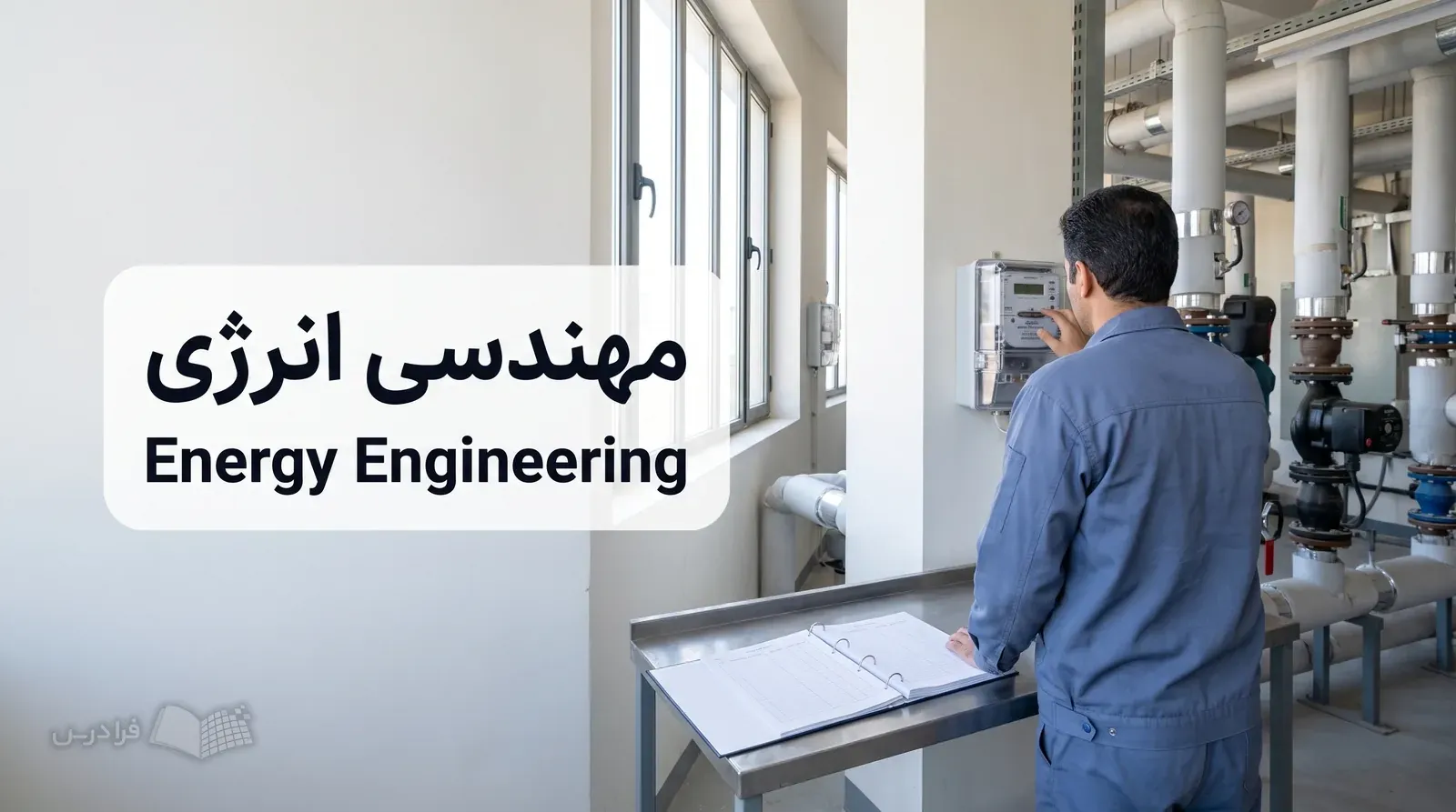موتورخانه روشن ساختمان با مهندس انرژی در حال بررسی کنتور هوشمند و تجهیزات حرارتی.