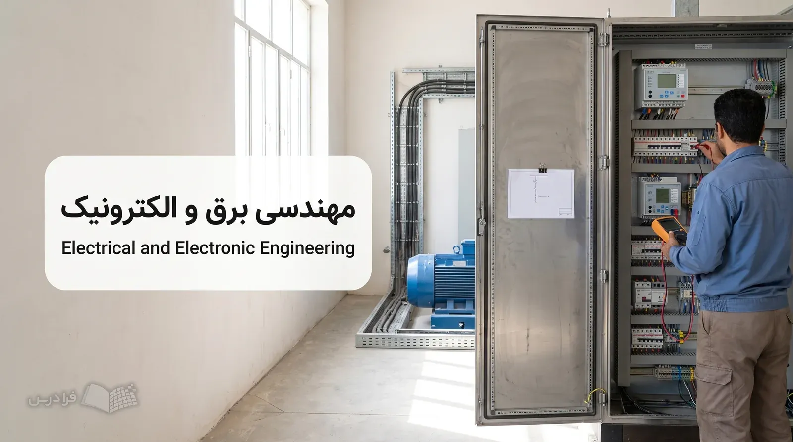 واحد نگهداری برق کارخانه با مهندس در حال عیبیابی تابلو و رله حفاظتی.