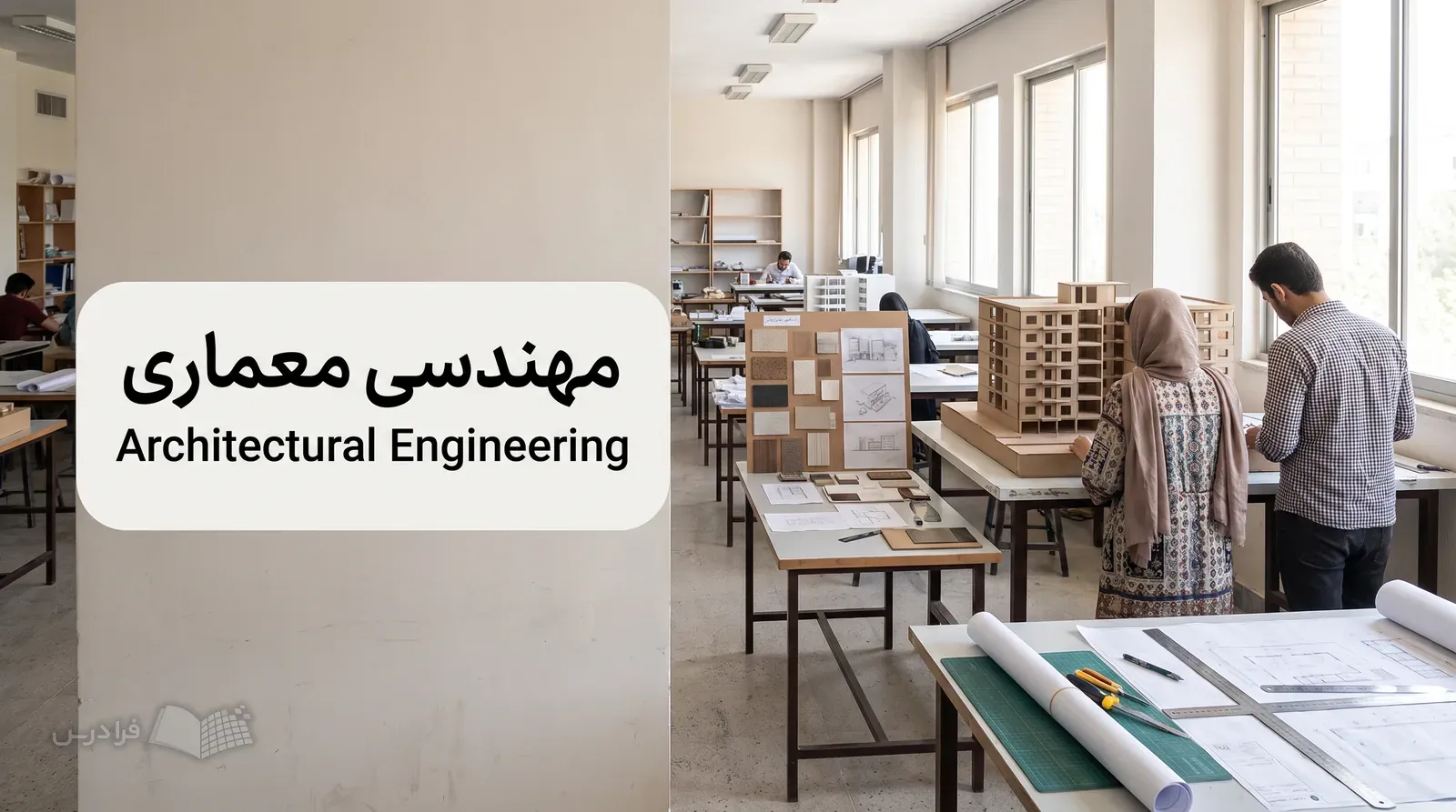استودیوی معماری با ماکت نیمه‌ساخته، نقشه‌های فنی و دانشجویان مشغول اصلاح طرح.