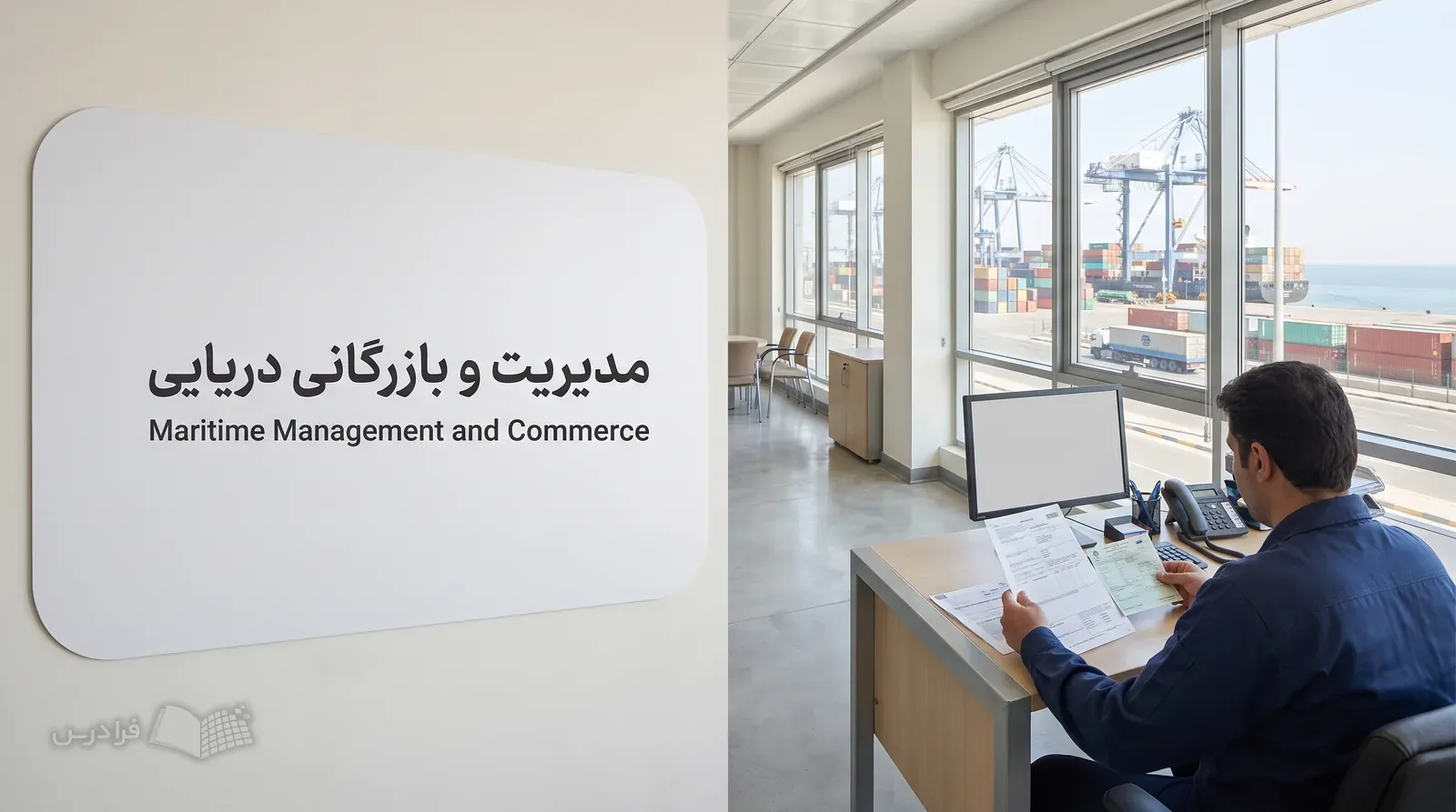 دفتر عملیات بندری با کارشناس مربوطه و اسناد حمل و جرثقیل‌های کانتینری پشت پنجره.