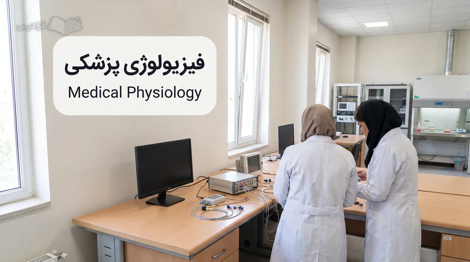 آزمایشگاه فیزیولوژی پزشکی با پژوهشگرانی که سامانه ثبت سیگنال‌های زیستی را تنظیم می‌کنند.