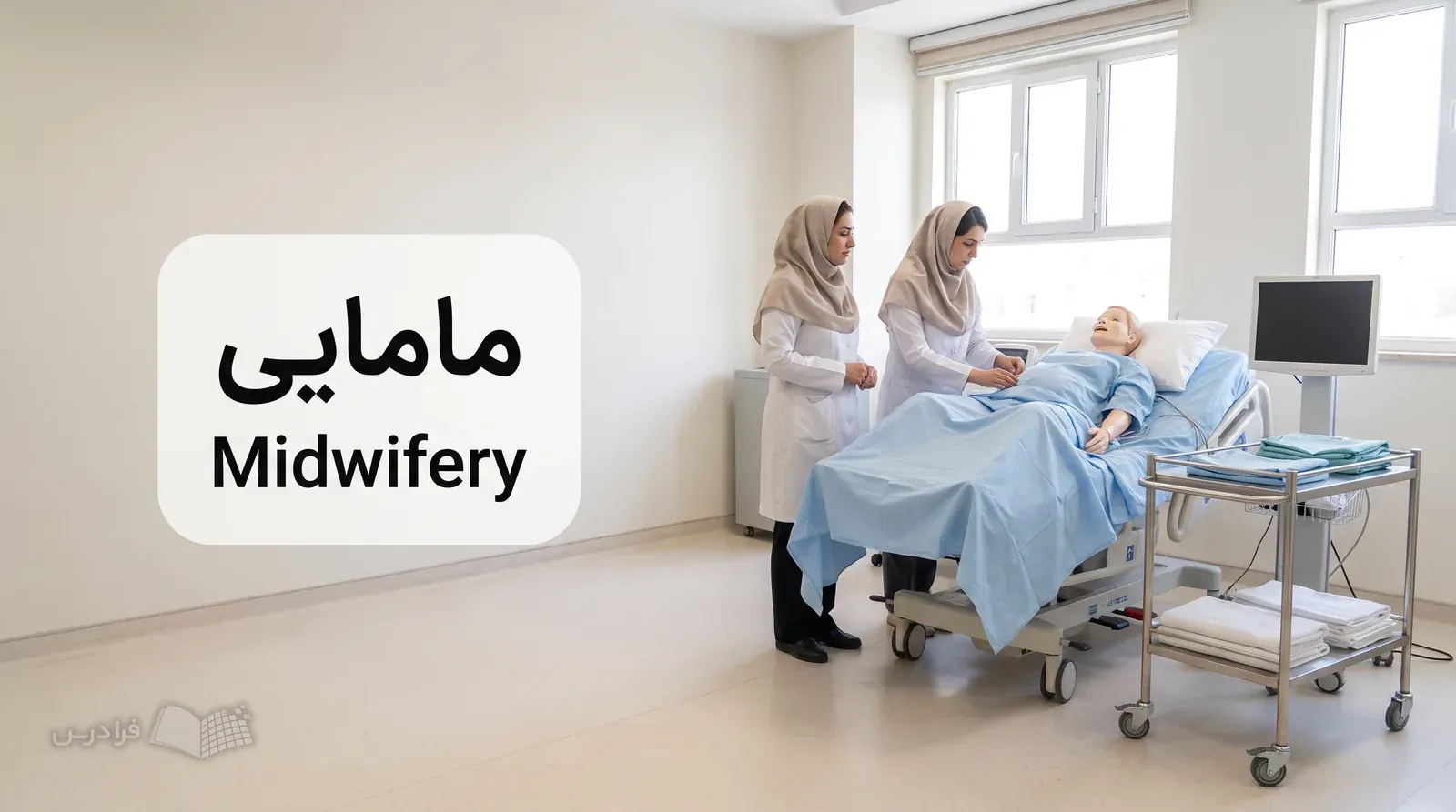 آزمایشگاه شبیه‌سازی مامایی با مانکن کامل و دو ماما هنگام تمرین مراقبت زایمان.