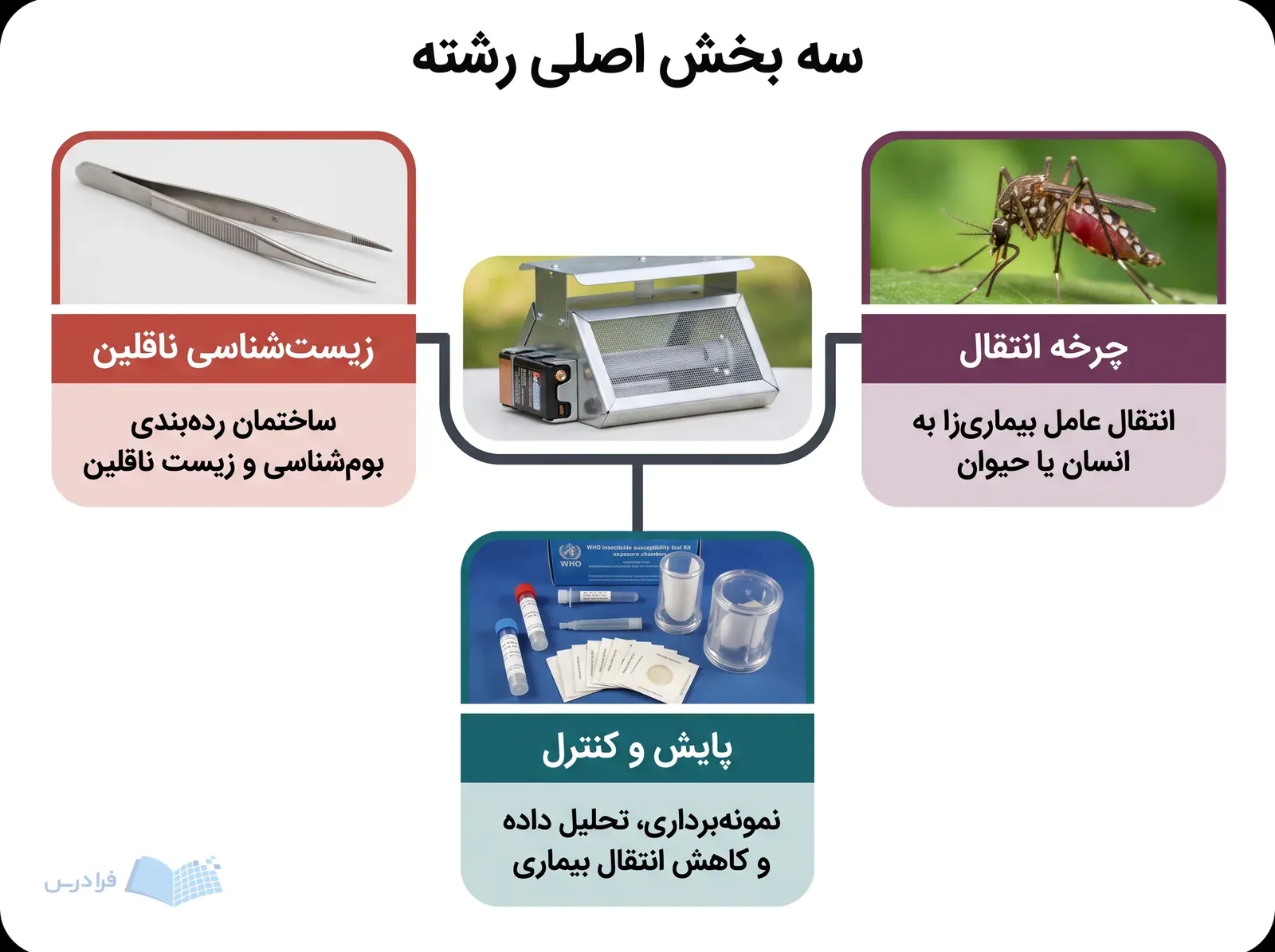 تله نوری CDC در مرکز و سه بخش زیستشناسی ناقلین، چرخه انتقال و پایش و کنترل پیرامون آن.