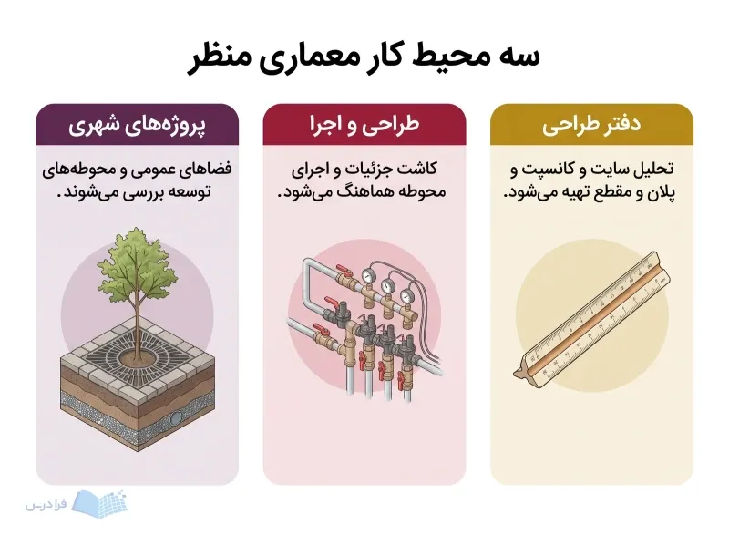 سه پنل محیط کاری شامل دفتر طراحی، اجرای محوطه و پروژه‌های شهری معماری منظر