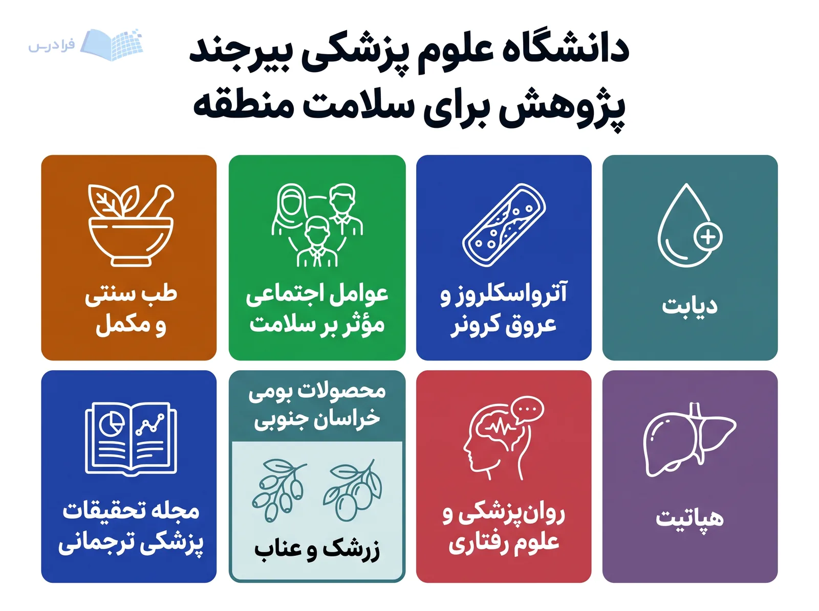 نمودار پژوهشی دانشگاه علوم پزشکی بیرجند، موضوعات سلامت منطقه و محصولات بومی خراسان جنوبی را بههم پیوند میدهد.