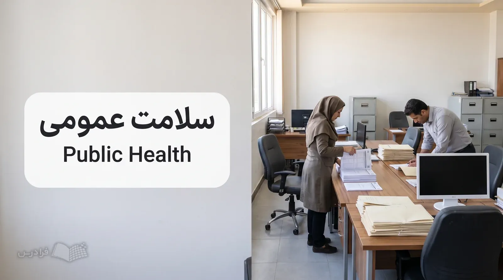دفتر شبکه بهداشت با کارکنانی که پرسش‌نامه‌های سلامت جمعیت را برای کار میدانی آماده می‌کنند.
