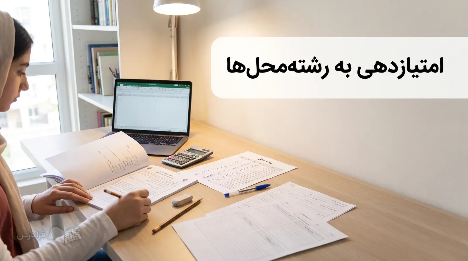 میز خانه با دفترچه انتخاب رشته، فهرست علامتگذاریشده، برگههای مقایسه و لپتاپ خالی.
